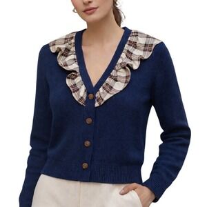 ENGLISH FACTORY Cottagecore Navy Blue Plaid Ruffle Collar Cardigan Sweater Small
